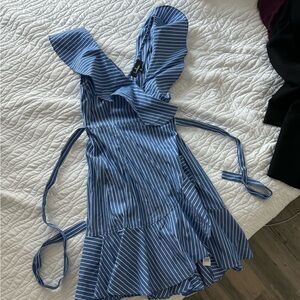 Blue and white striped wrap dress